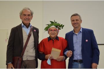 Dante in bolognese- L'assessore Lamberto Forni, Giorgina Soverini e il sindaco Omar Mattioli